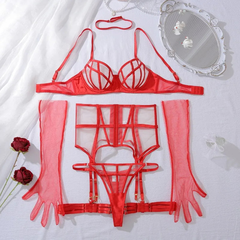 Premium Lingerie Sets Bandage Diamond Bra with Choker Gloves Sissy Ultra Seductive Outfit