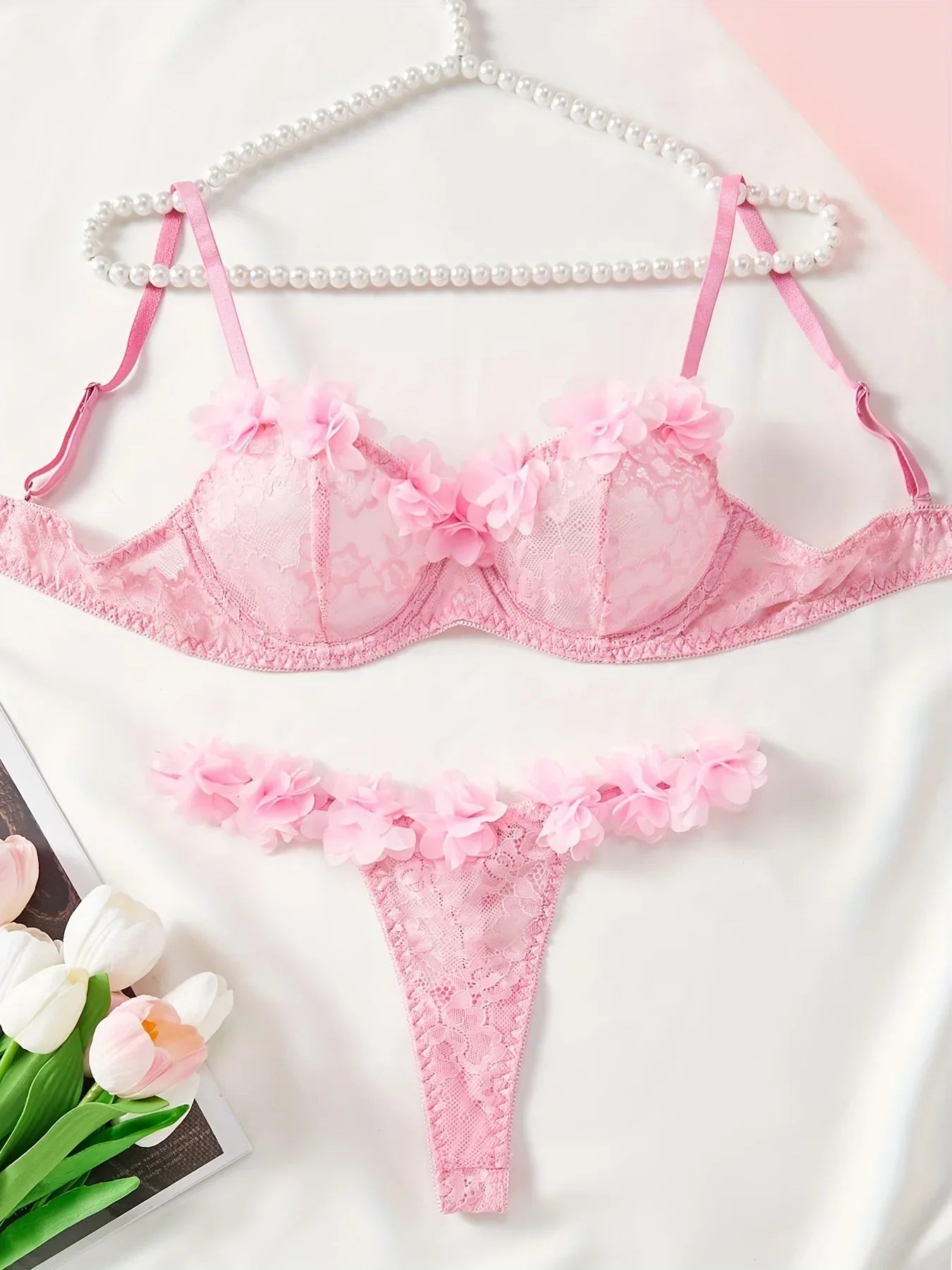 Pure Pink Lace Trim Three Point Bra Thongs Erotic Seductive Underwears Clothing Lingerie Set