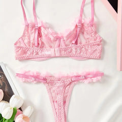 Pure Pink Lace Trim Three Point Bra Thongs Erotic Seductive Underwears Clothing Lingerie Set