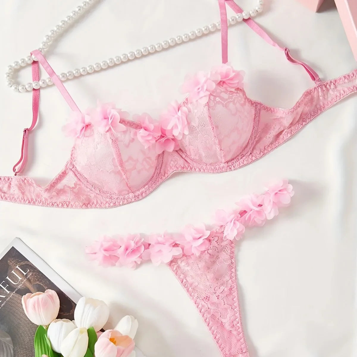 Pure Pink Lace Trim Three Point Bra Thongs Erotic Seductive Underwears Clothing Lingerie Set