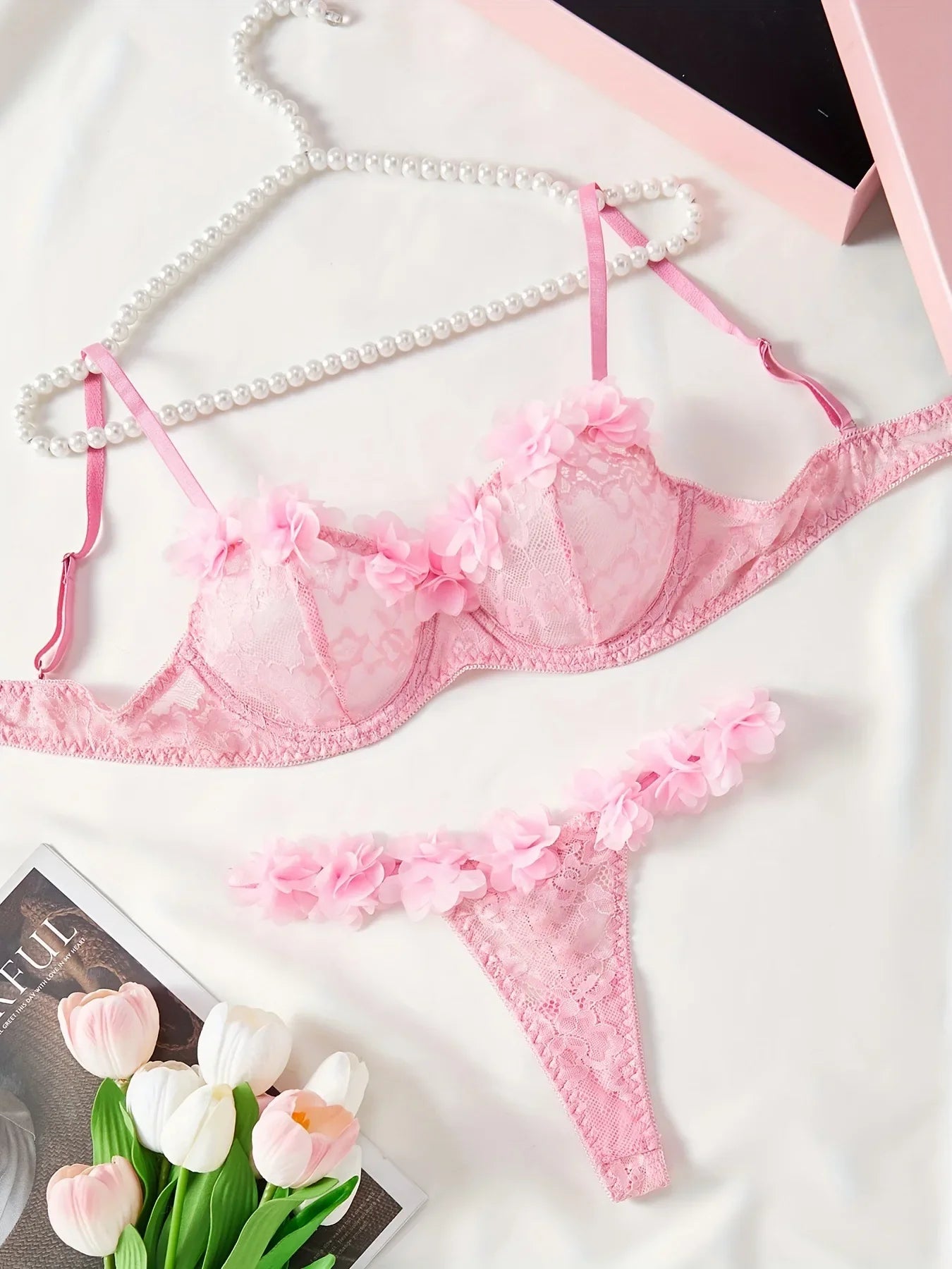Pure Pink Lace Trim Three Point Bra Thongs Erotic Seductive Underwears Clothing Lingerie Set