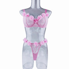 Pure Pink Lace Trim Three Point Bra Thongs Erotic Seductive Underwears Clothing Lingerie Set