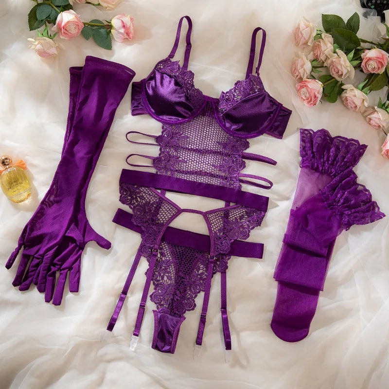 Purple Erotic Lingerie Sissy G-String Thongs Lace Costumes Stockings Gloves Adult Babydolls