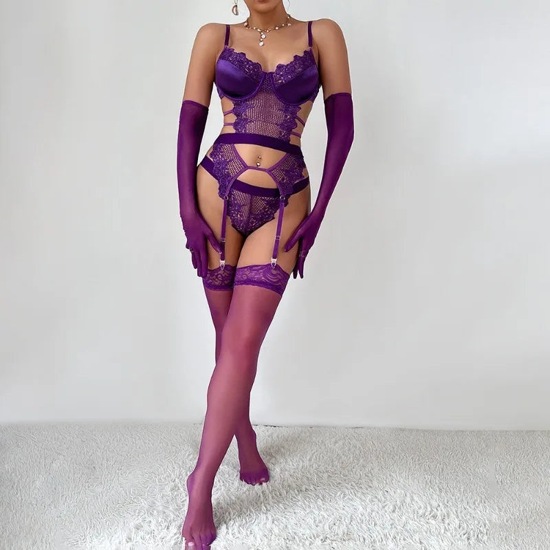 Purple Erotic Lingerie Sissy G-String Thongs Lace Costumes Stockings Gloves Adult Babydolls