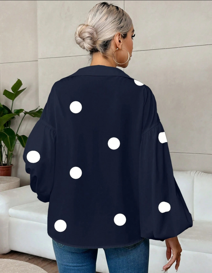 Stylish White Polka-Dot Lapel  Long Sleeves Blouse Top