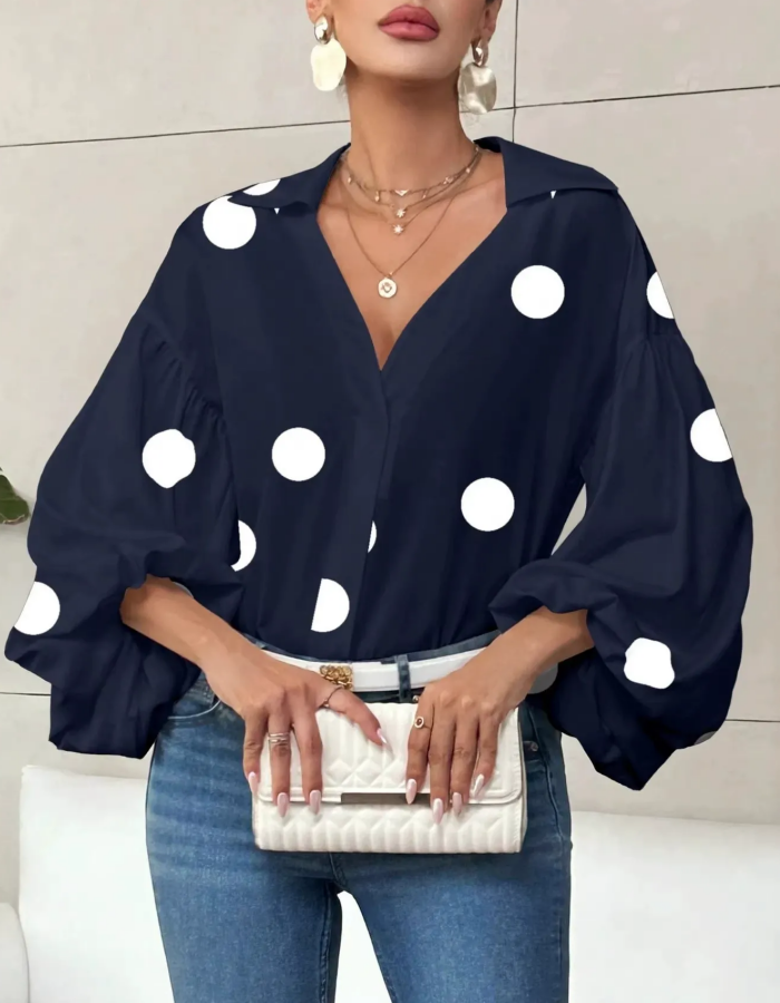 Stylish White Polka-Dot Lapel  Long Sleeves Blouse Top