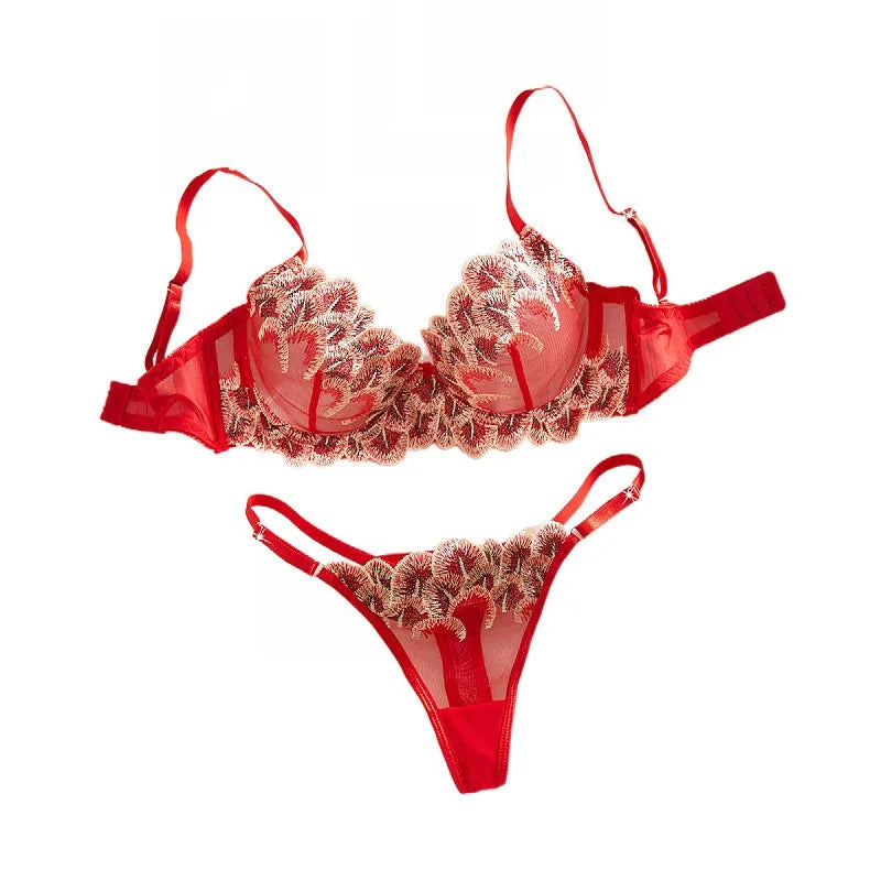 Red 3D Floral Mesh Embroidery Pure Three Point Bra Pantys Erotic Seductive Underwear Clothing Lingerie Set