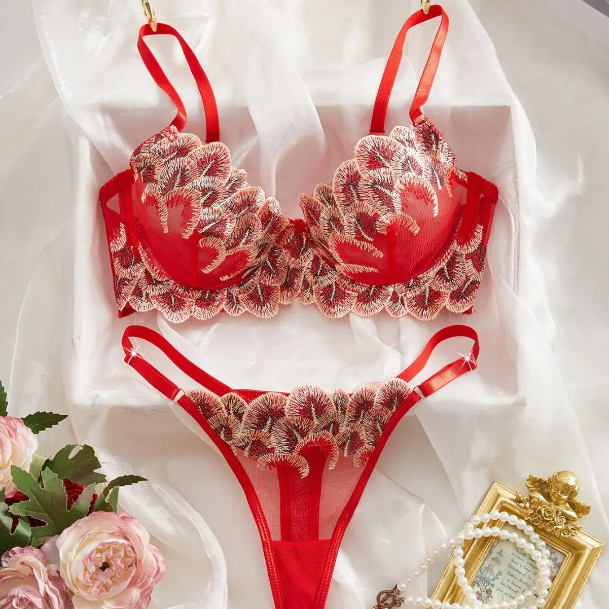 Red 3D Floral Mesh Embroidery Pure Three Point Bra Pantys Erotic Seductive Underwear Clothing Lingerie Set