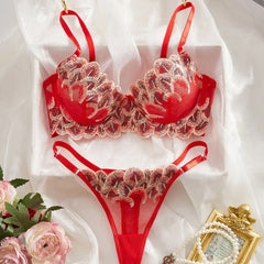 Red 3D Floral Mesh Embroidery Pure Three Point Bra Pantys Erotic Seductive Underwear Clothing Lingerie Set