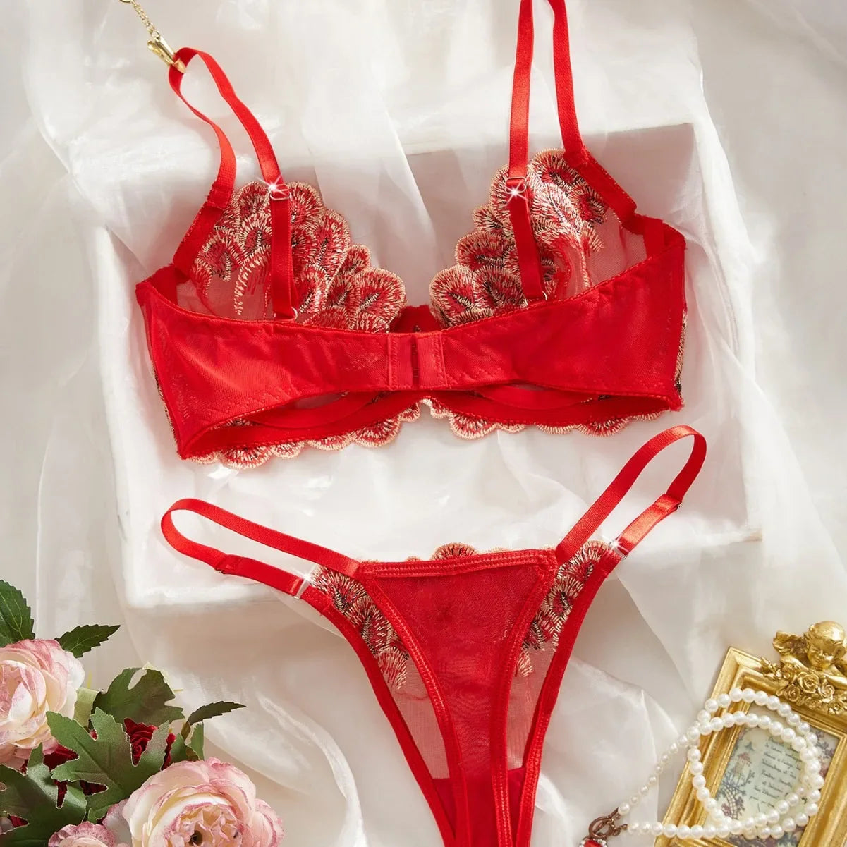Red 3D Floral Mesh Embroidery Pure Three Point Bra Pantys Erotic Seductive Underwear Clothing Lingerie Set