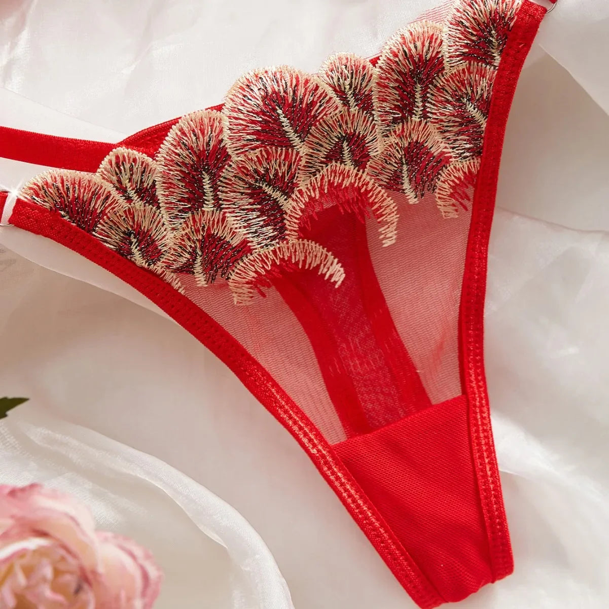 Red 3D Floral Mesh Embroidery Pure Three Point Bra Pantys Erotic Seductive Underwear Clothing Lingerie Set
