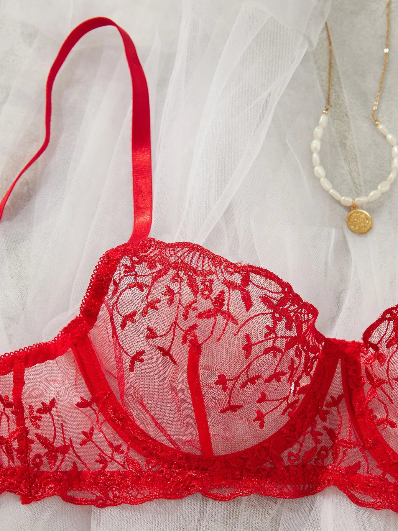 Red Lingerie Embroidery Pure See Through Brass Erotics Underwearss Seductive Seduction Lingerie Set