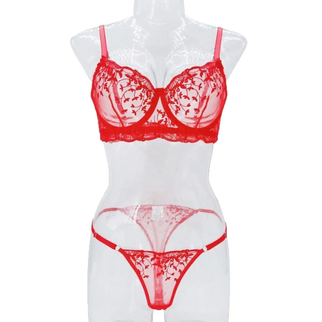 Red Lingerie Embroidery Pure See Through Brass Erotics Underwearss Seductive Seduction Lingerie Set