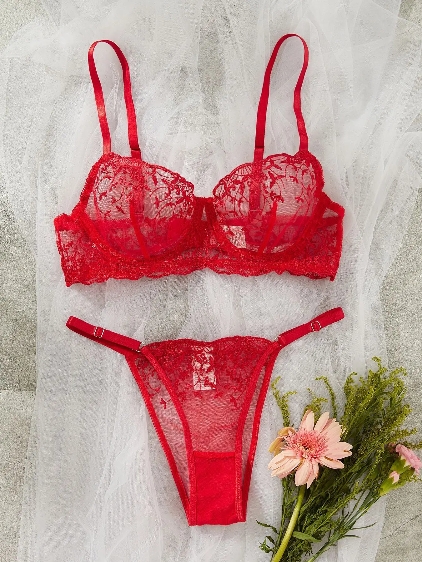 Red Lingerie Embroidery Pure See Through Brass Erotics Underwearss Seductive Seduction Lingerie Set