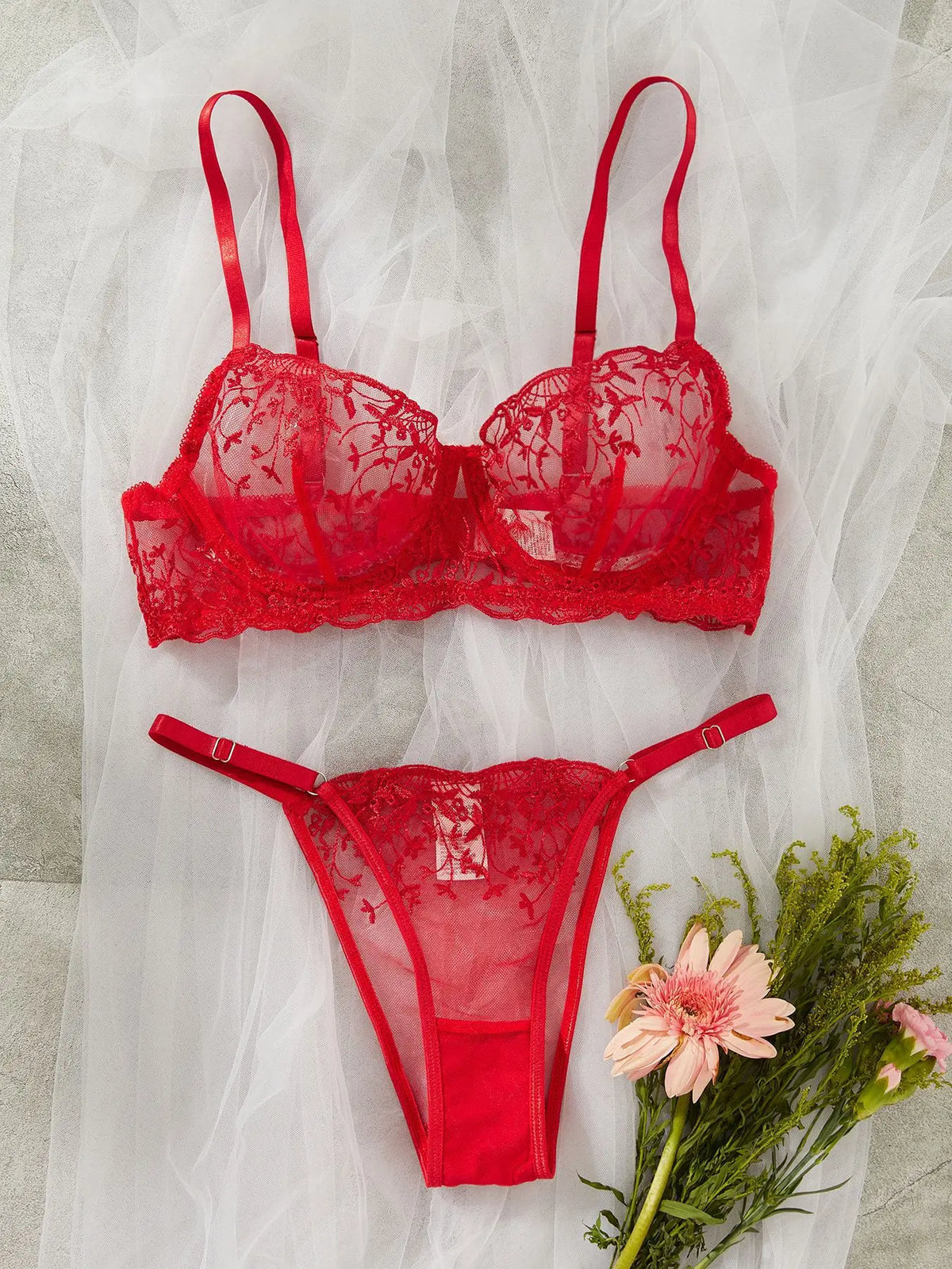 Red Lingerie Embroidery Pure See Through Brass Erotics Underwearss Seductive Seduction Lingerie Set