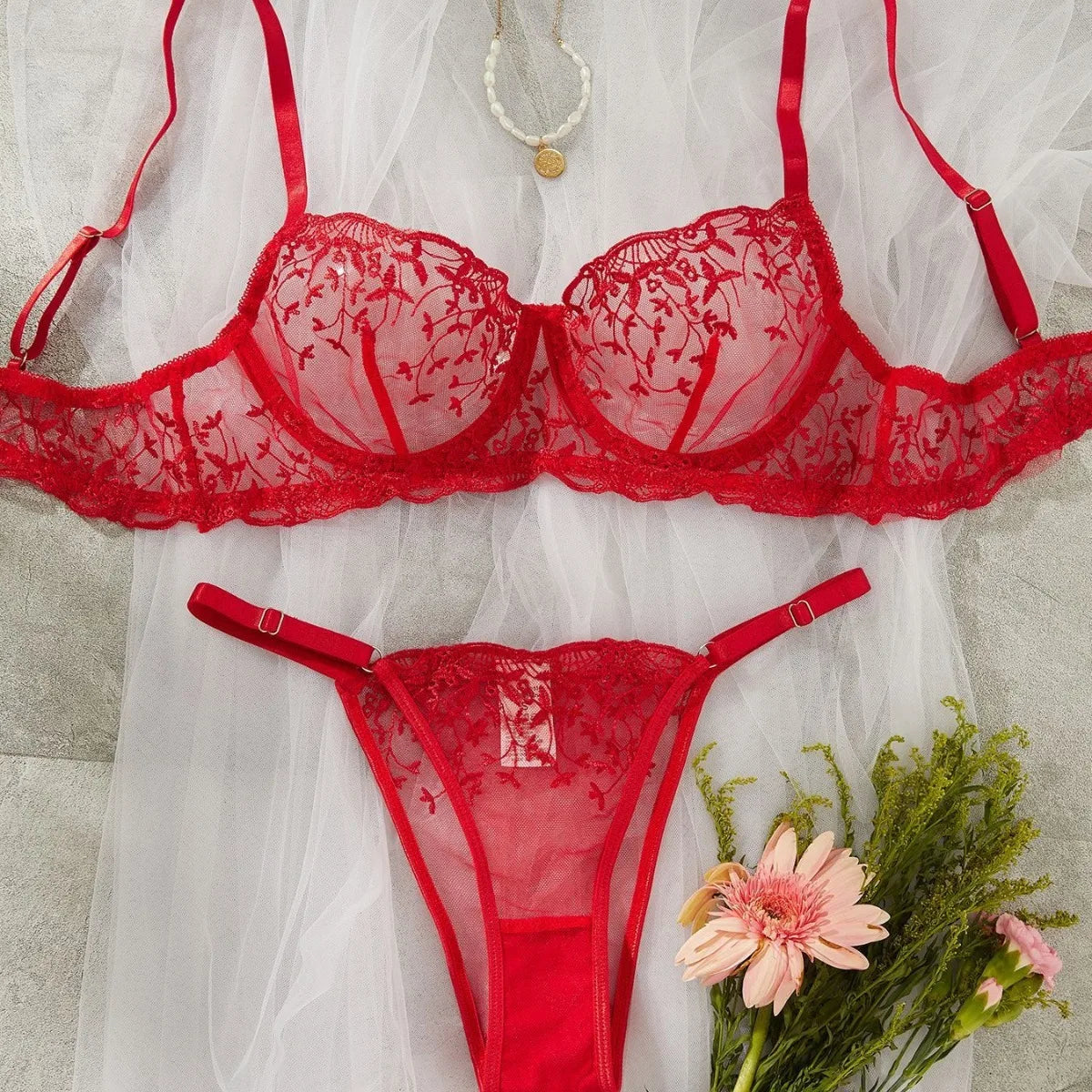 Red Lingerie Embroidery Pure See Through Brass Erotics Underwearss Seductive Seduction Lingerie Set