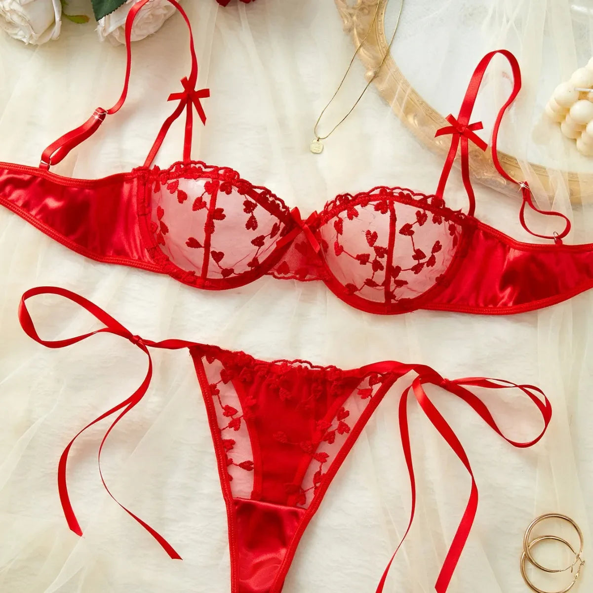 Romantic Heart Embroidery See Through Bowknot Lace Up Mesh Satin Stitching Bras Erotics Seductive Underwear Lingerie Set