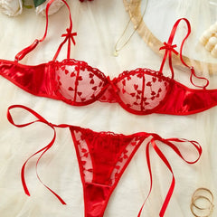 Romantic Heart Embroidery See Through Bowknot Lace Up Mesh Satin Stitching Bras Erotics Seductive Underwear Lingerie Set