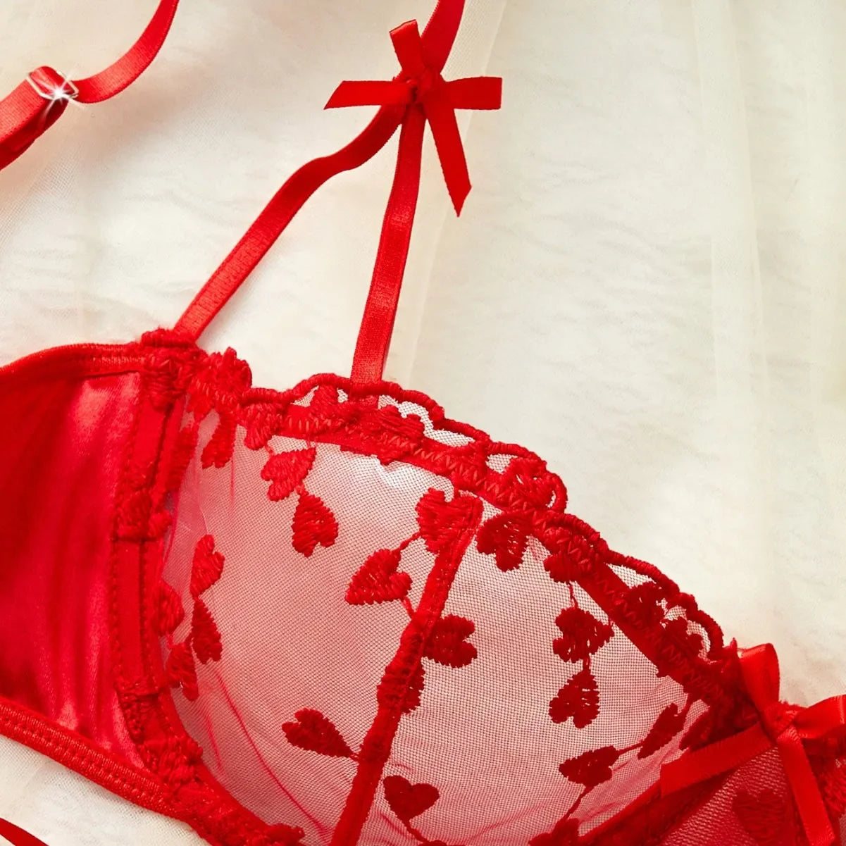Romantic Heart Embroidery See Through Bowknot Lace Up Mesh Satin Stitching Bras Erotics Seductive Underwear Lingerie Set