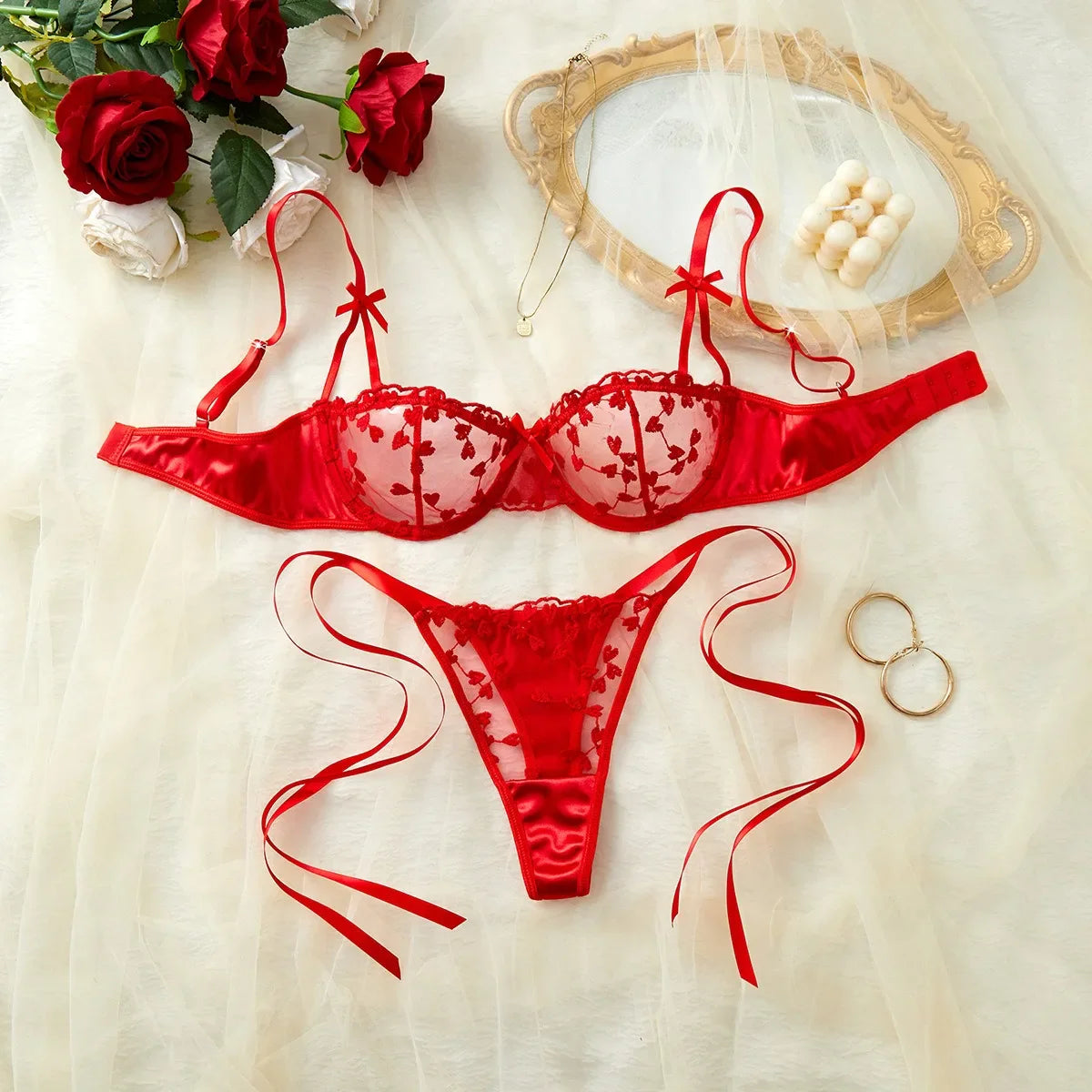 Romantic Heart Embroidery See Through Bowknot Lace Up Mesh Satin Stitching Bras Erotics Seductive Underwear Lingerie Set