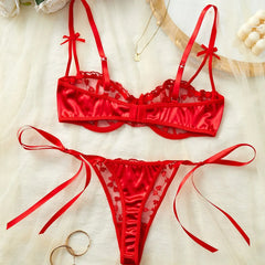 Romantic Heart Embroidery See Through Bowknot Lace Up Mesh Satin Stitching Bras Erotics Seductive Underwear Lingerie Set