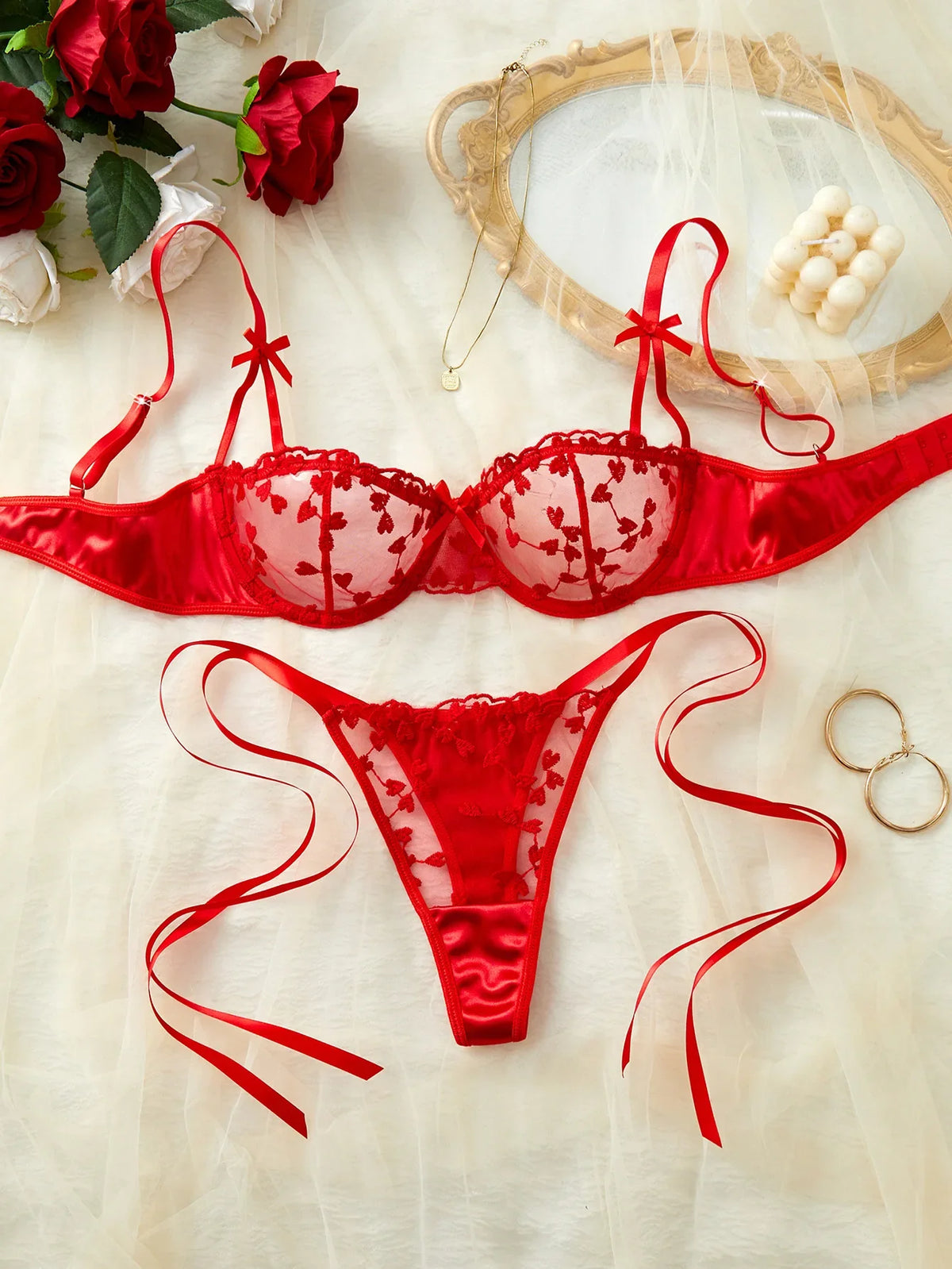 Romantic Heart Embroidery See Through Bowknot Lace Up Mesh Satin Stitching Bras Erotics Seductive Underwear Lingerie Set
