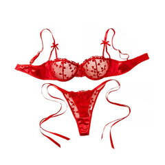Romantic Heart Embroidery See Through Bowknot Lace Up Mesh Satin Stitching Bras Erotics Seductive Underwear Lingerie Set