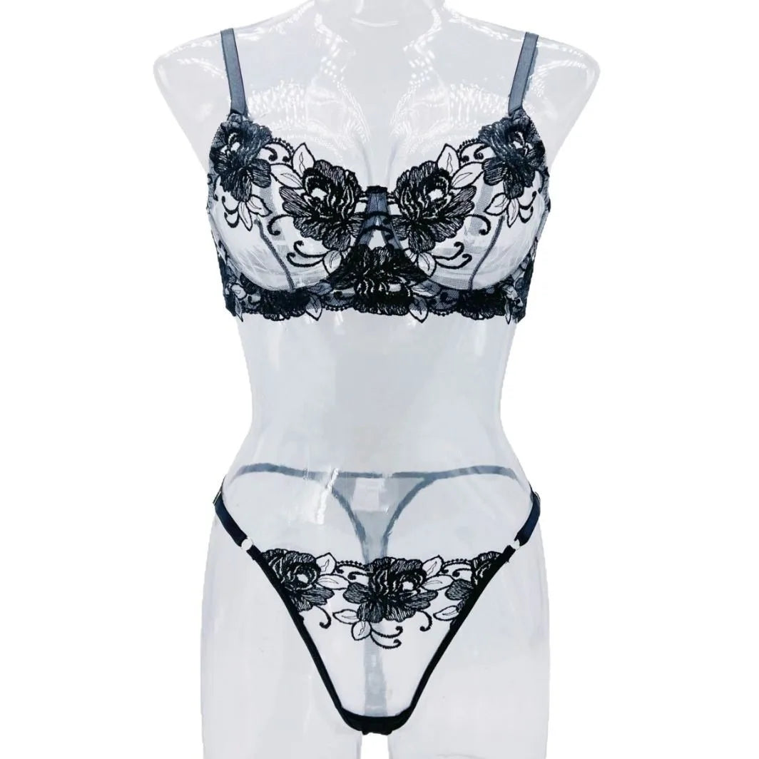 Romantic Valentine Flower Embroidery See Through Bras Erotic Seductive Underwearss Clothings Lingerie Set
