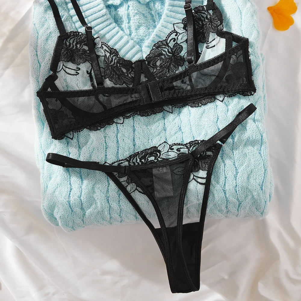 Romantic Valentine Flower Embroidery See Through Bras Erotic Seductive Underwearss Clothings Lingerie Set