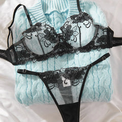Romantic Valentine Flower Embroidery See Through Bras Erotic Seductive Underwearss Clothings Lingerie Set