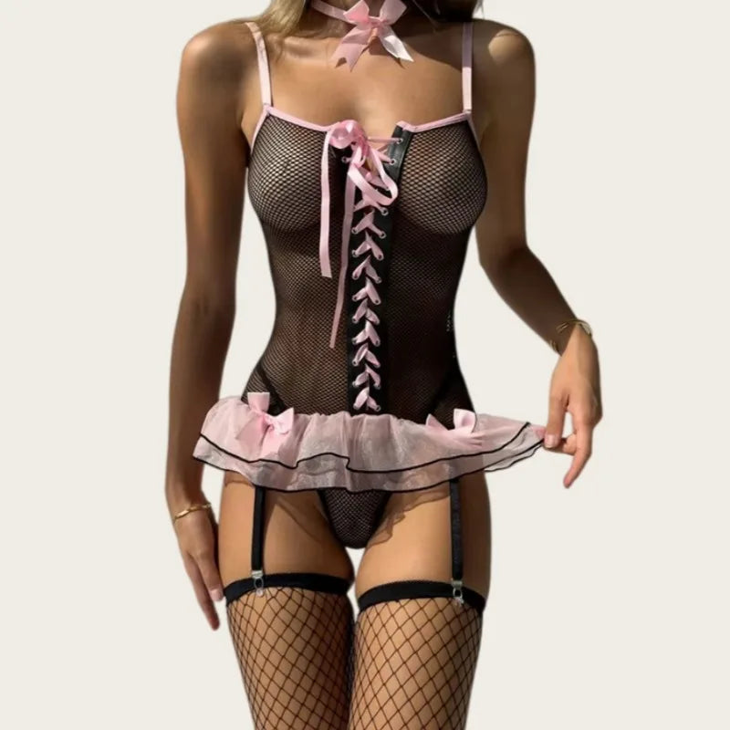 Romantic Lingerie Sets Cute Ruffles Bowknot Erotic Bra 5PC Fishnet Babydolls Daring Girls' Underwear