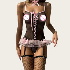 Romantic Lingerie Sets Cute Ruffles Bowknot Erotic Bra 5PC Fishnet Babydolls Daring Girls' Underwear