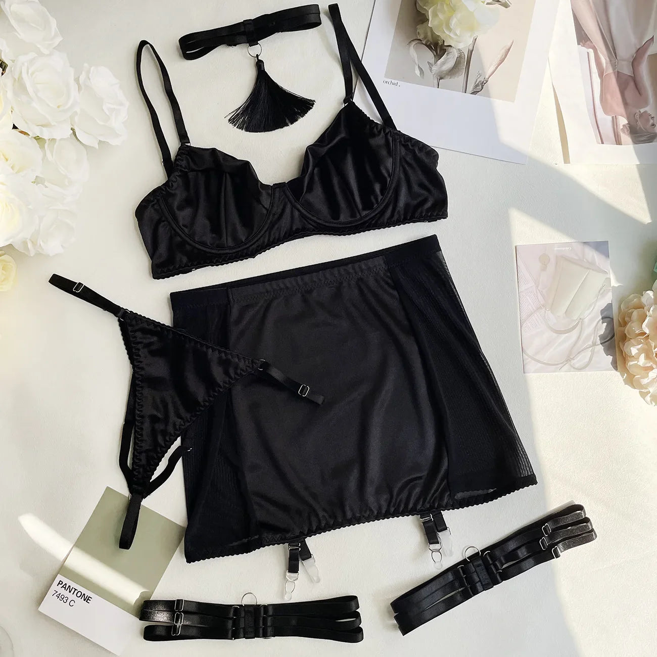 Satin French Lace 5 Pcs Tassel Lingerie Sets Sissy Uncensored Skirt Bra and Panty