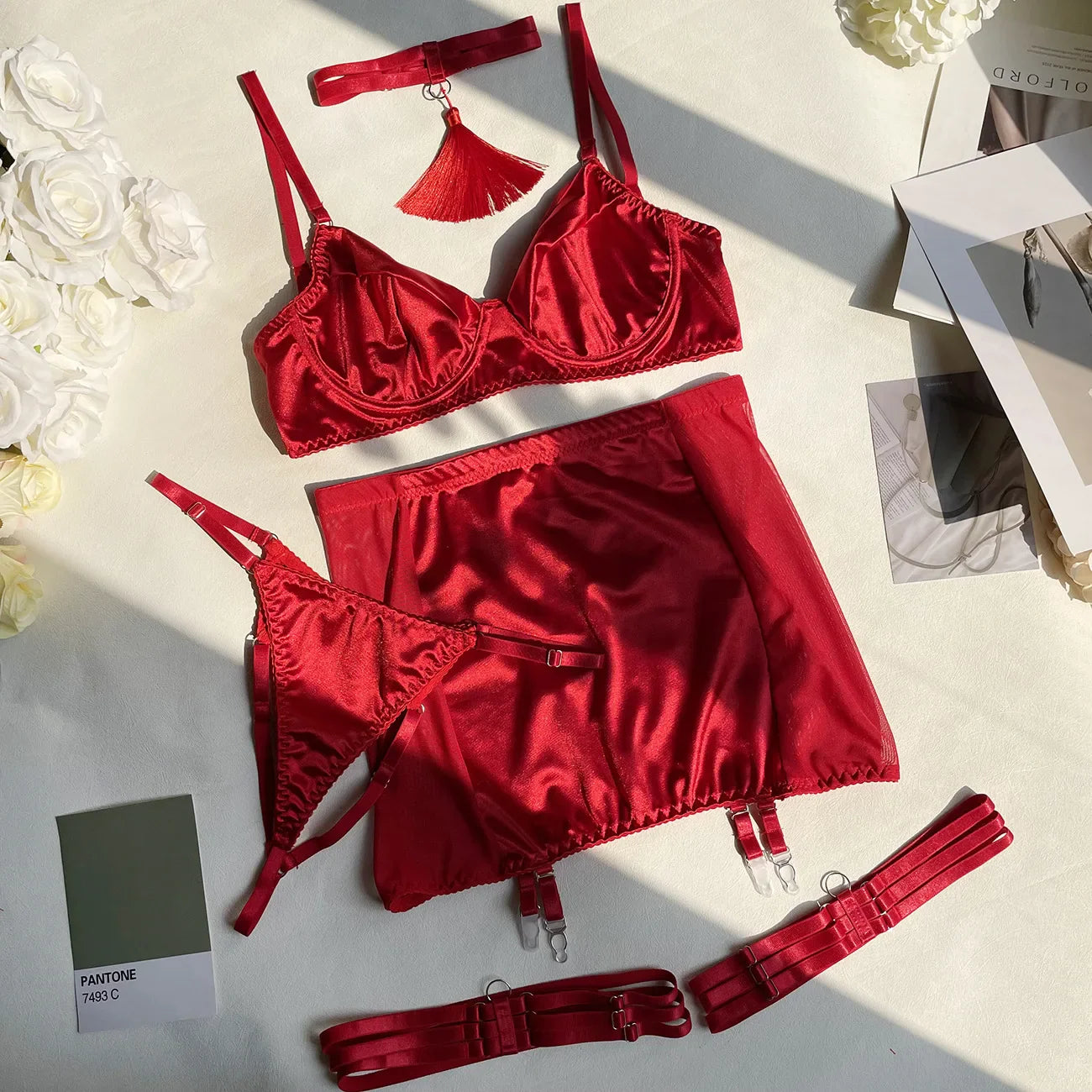 Satin French Lace 5 Pcs Tassel Lingerie Sets Sissy Uncensored Skirt Bra and Panty