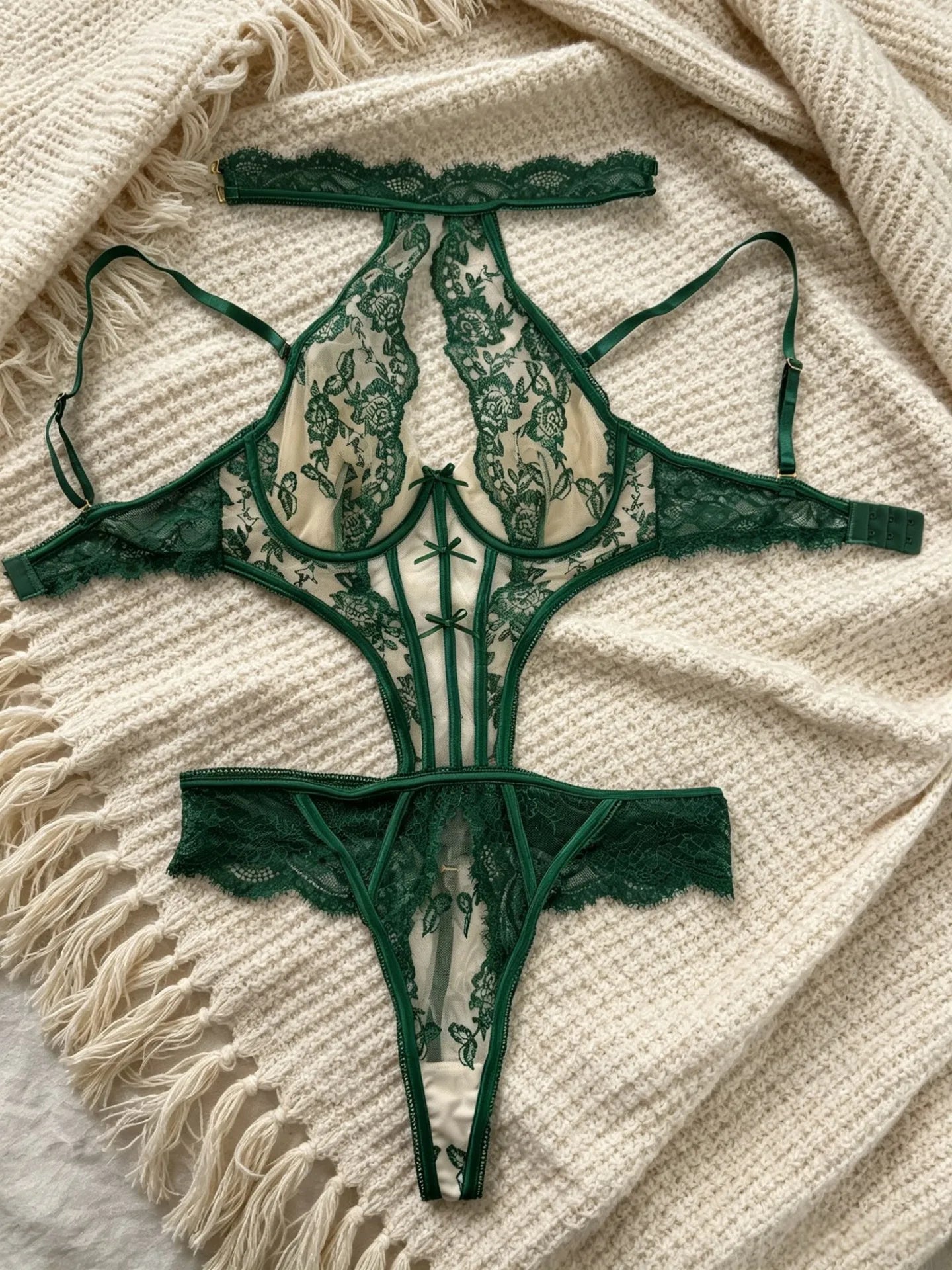 Seductive Exotic Willowy Embroidered Lace Body Thong Onepiece Detachable Strap Honey Halter Hollow Underwear