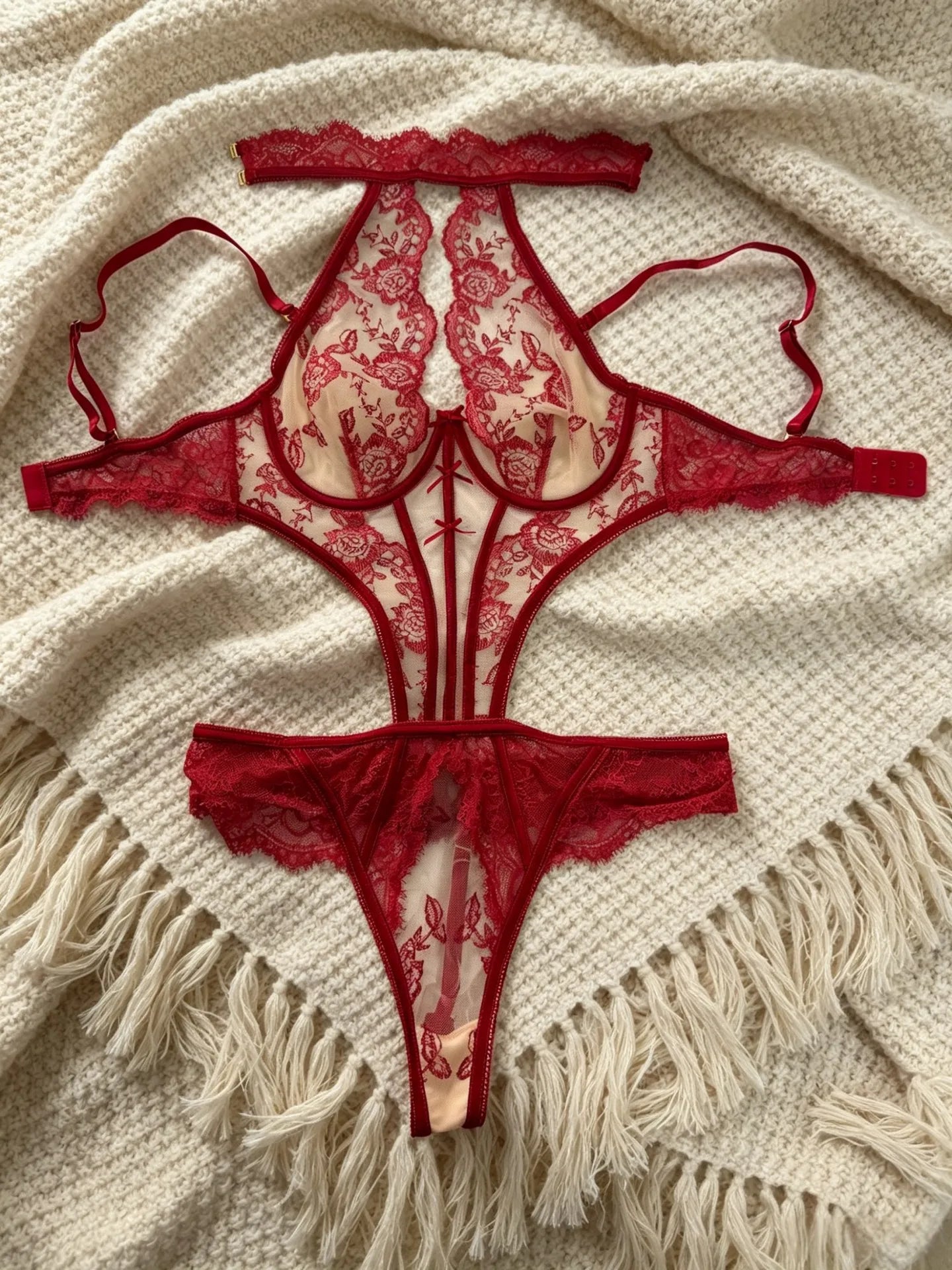 Seductive Exotic Willowy Embroidered Lace Body Thong Onepiece Detachable Strap Honey Halter Hollow Underwear