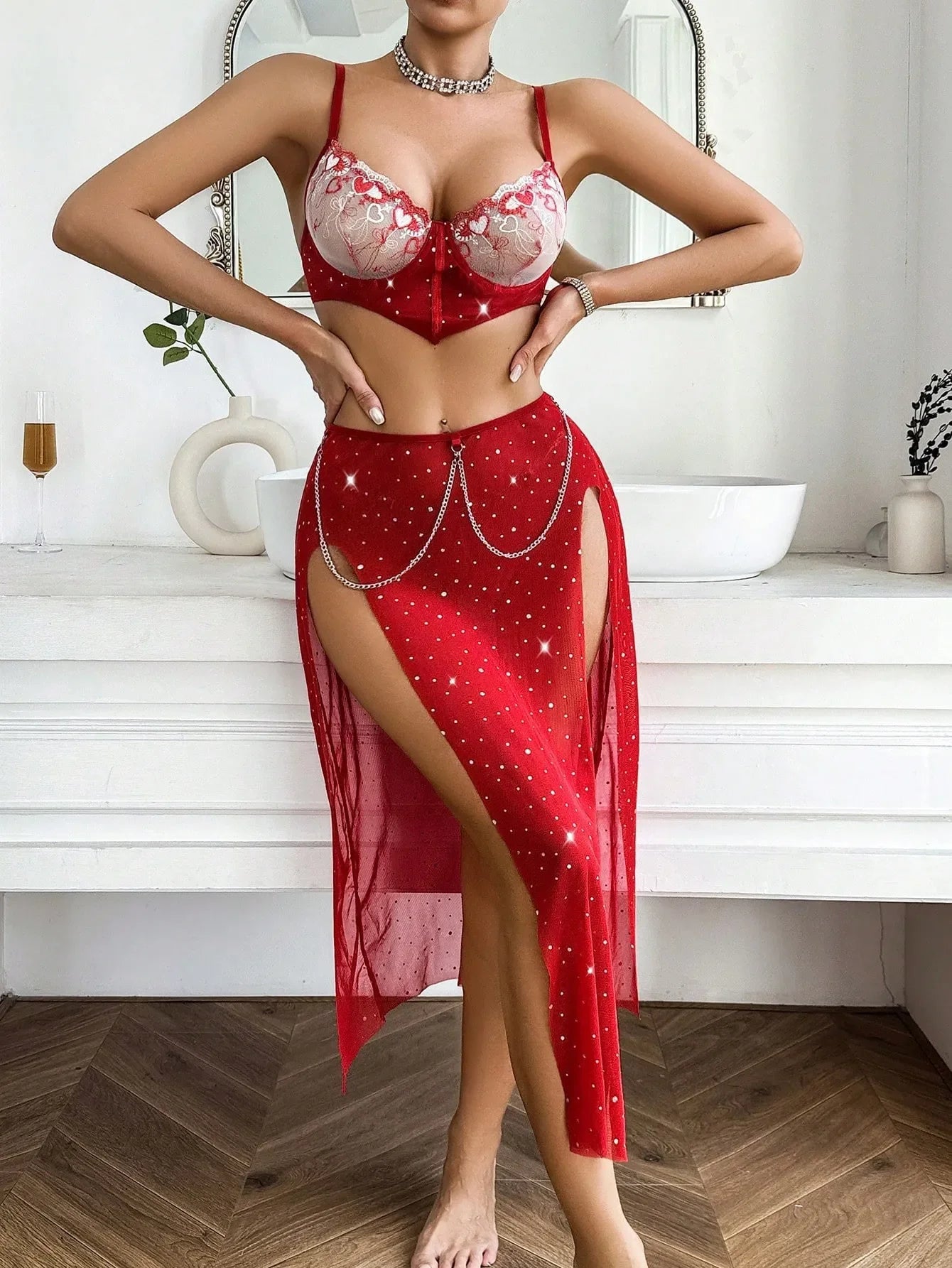 Seductive Lingerie 3 Piece Sale Best Selling Red  Underwear Embroidery Bra Belt Bra Slit Lingerie Set