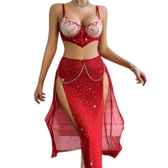 Seductive Lingerie 3 Piece Sale Best Selling Red  Underwear Embroidery Bra Belt Bra Slit Lingerie Set