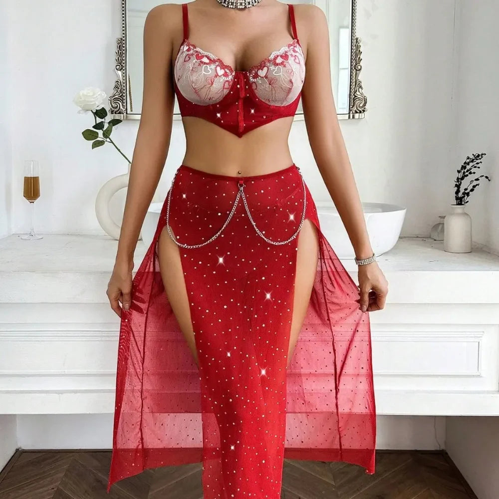 Seductive Lingerie 3 Piece Sale Best Selling Red  Underwear Embroidery Bra Belt Bra Slit Lingerie Set