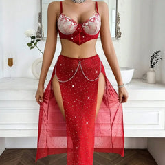 Seductive Lingerie 3 Piece Sale Best Selling Red  Underwear Embroidery Bra Belt Bra Slit Lingerie Set