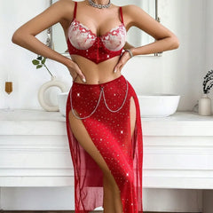 Seductive Lingerie 3 Piece Sale Best Selling Red  Underwear Embroidery Bra Belt Bra Slit Lingerie Set