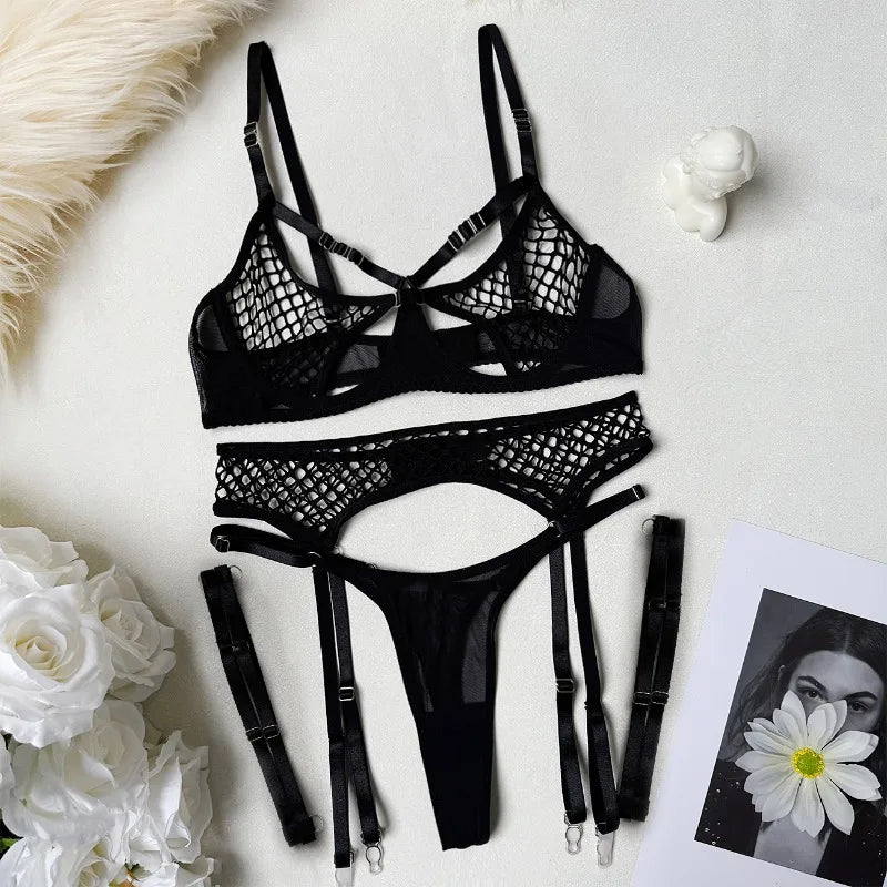 Seductive Lingeries See Through Bra Belt Thong 3PC Sets with Leg Circles Tempting Fishnet Hollow Out Underwear