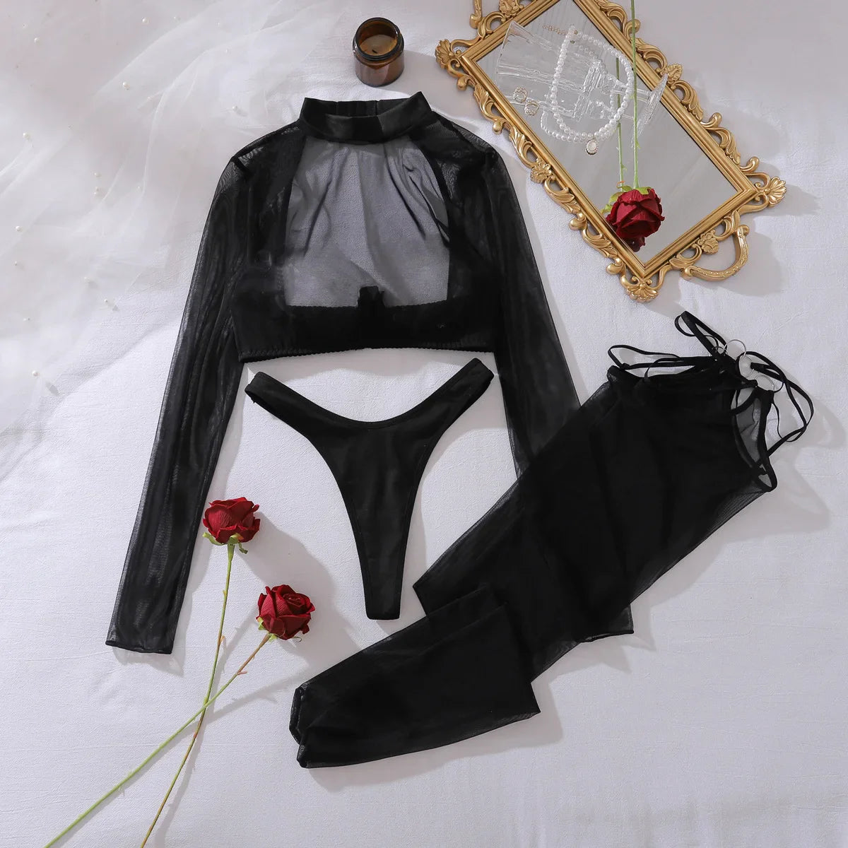 Seductive Lingerie Sets See Through Long Sleeve Brief 2PC with Stockings Ultra Party Night