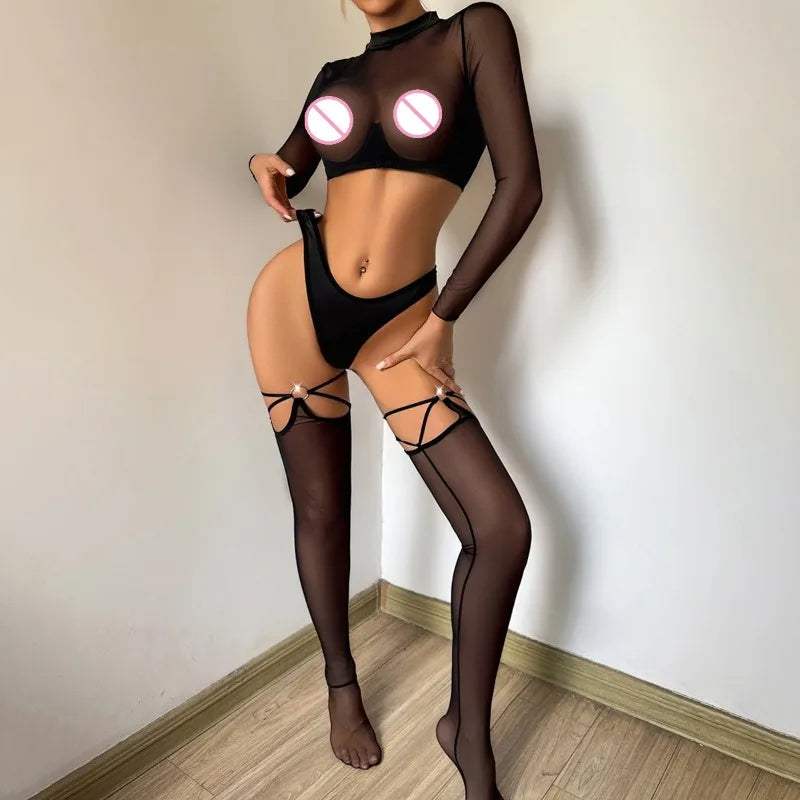 Seductive Lingerie Sets See Through Long Sleeve Brief 2PC with Stockings Ultra Party Night