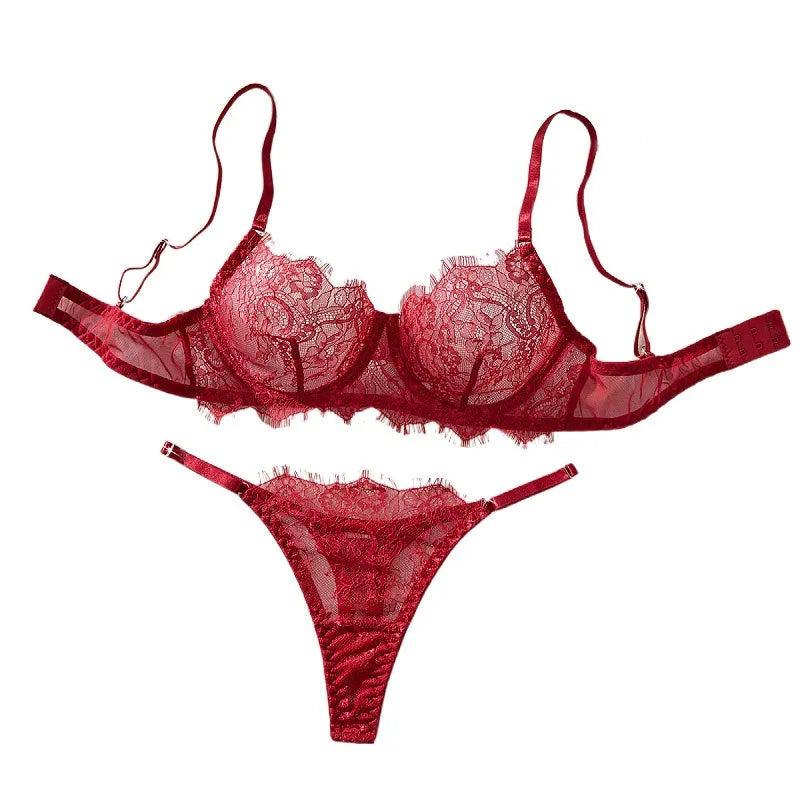 See Through Eyelash Lace Thin Bra Thongs Black Floral Pattern Charming Stunning Attractive Alluring Lingerie Set