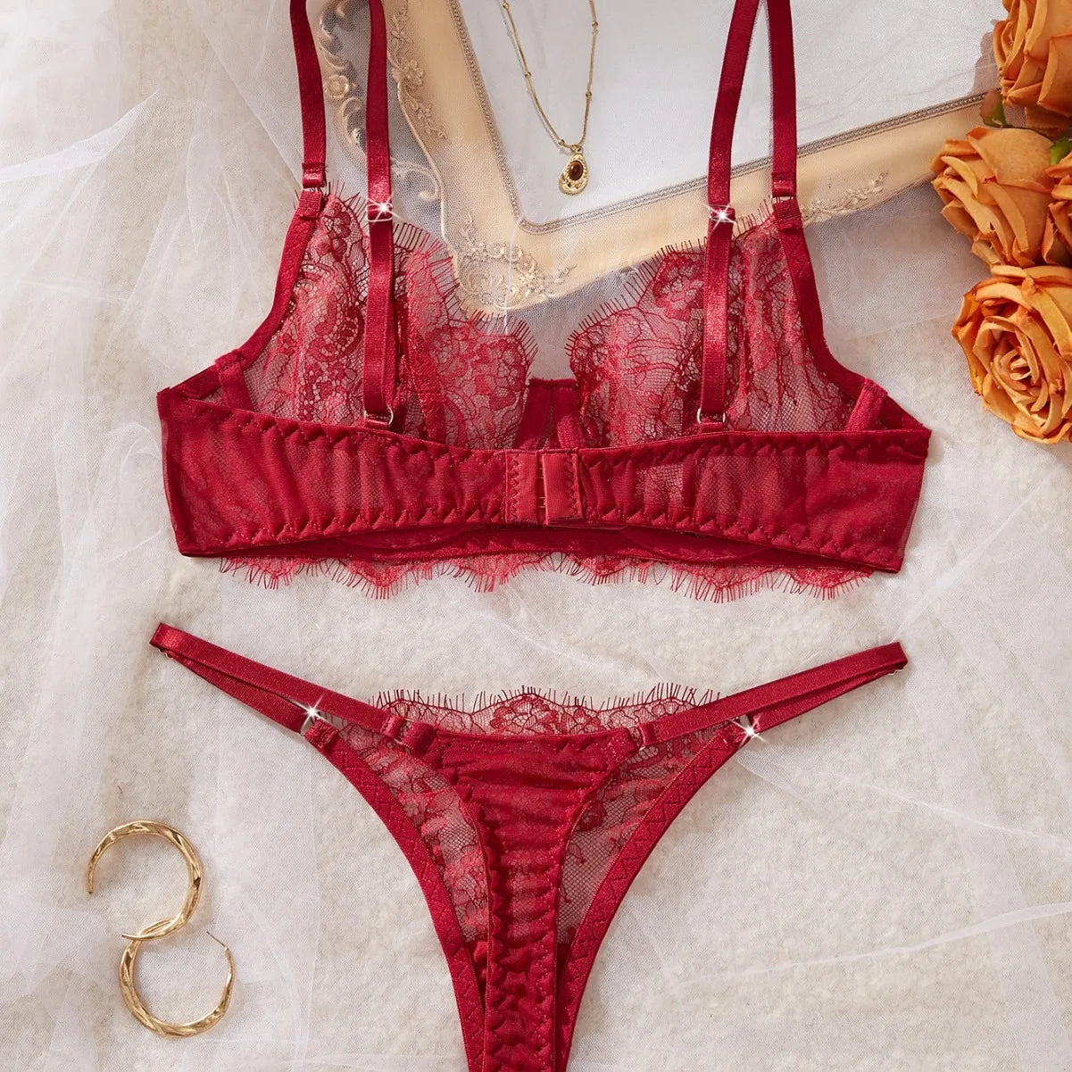 See Through Eyelash Lace Thin Bra Thongs Black Floral Pattern Charming Stunning Attractive Alluring Lingerie Set