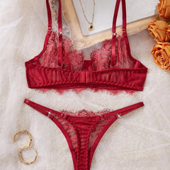 See Through Eyelash Lace Thin Bra Thongs Black Floral Pattern Charming Stunning Attractive Alluring Lingerie Set