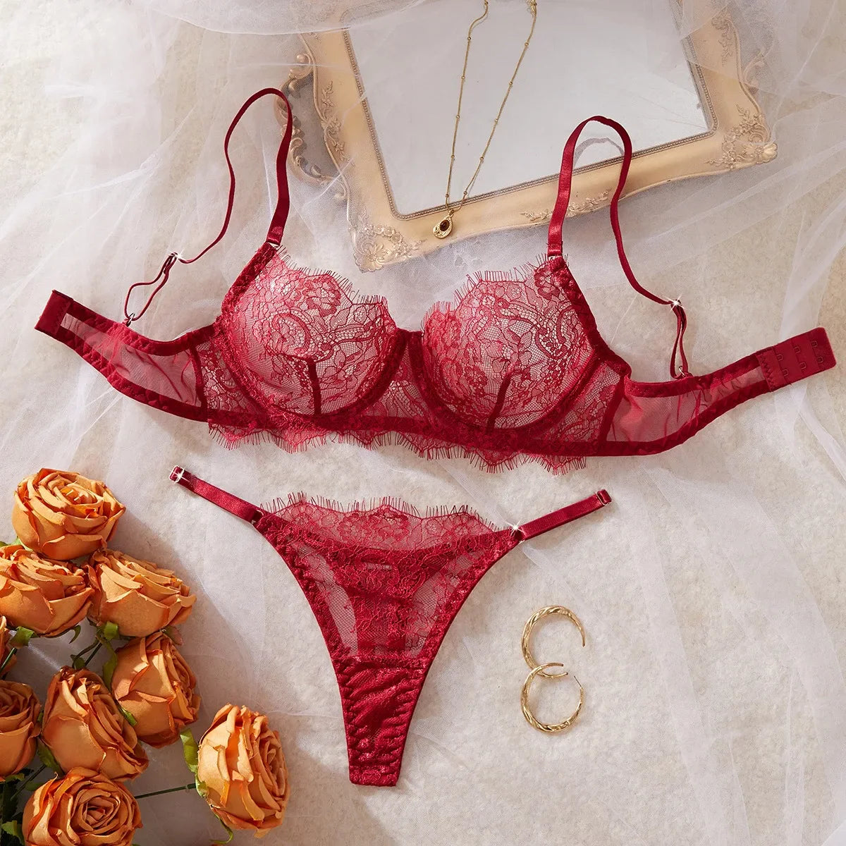 See Through Eyelash Lace Thin Bra Thongs Black Floral Pattern Charming Stunning Attractive Alluring Lingerie Set