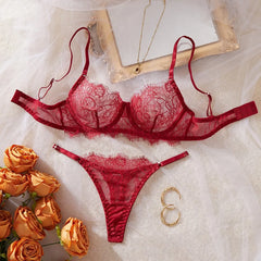 See Through Eyelash Lace Thin Bra Thongs Black Floral Pattern Charming Stunning Attractive Alluring Lingerie Set