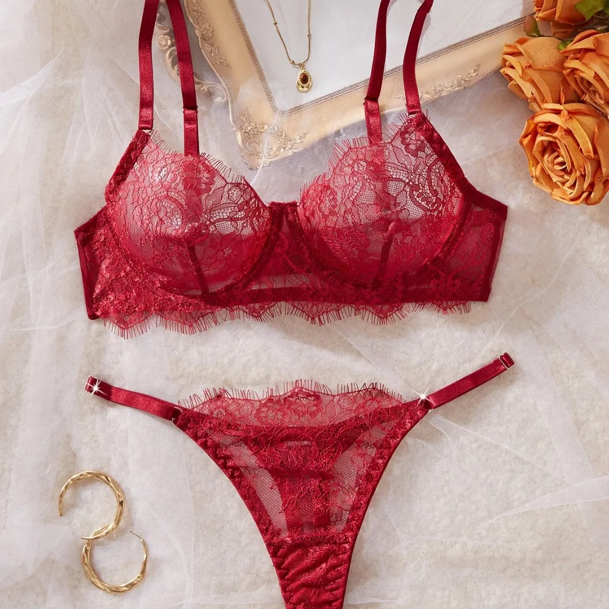 See Through Eyelash Lace Thin Bra Thongs Black Floral Pattern Charming Stunning Attractive Alluring Lingerie Set